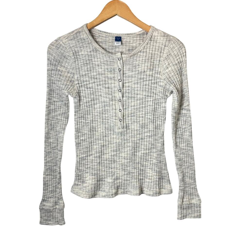 Old Navy Henley Shirt Women’s Size Medium Heather Gray Ribbed Long Sleeve Y2K